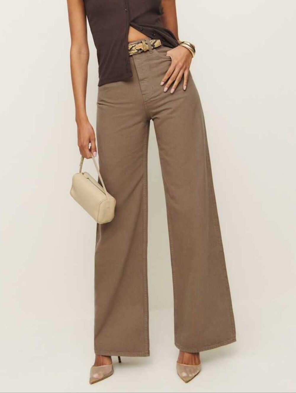 Reformation Cary High Rise Slouchy Wide Leg Jeans Taupe Brown Mushroom Fall 26